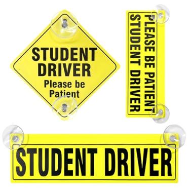 Imagem de MUQIDA Adesivo de motorista estudante de 3 peças, placa removível reutilizável com ventosas, Please Be Patient Aviso de segurança do motorista novato, adesivo de motorista novato para janelas de carro