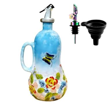 Imagem de Dispensador de garrafa de azeite de oliva de cerâmica pintada à mão de 510 g, com alça decorativa de azeite de oliva, para cozinha, garrafa de vinagre de óleo de cerâmica, garrafa de tempero (flor