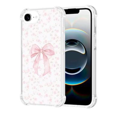 Imagem de Vulfwela Capa para iPhone 16e de 6,1 polegadas com laço rosa, linda estampa de flores estéticas rosadas, capa de telefone transparente para mulheres e meninas, antiamarelamento, antiqueda, à prova de