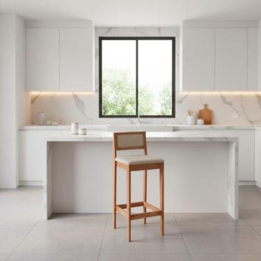 Imagem de Kit 6 Banquetas Assento Encosto Estofado em Linho Hellen cor:mel com l