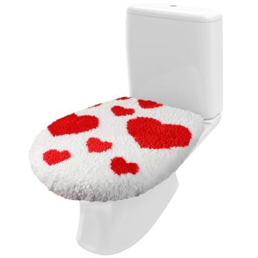 Imagem de Frienda Tampa de vaso sanitário com corações vermelhos 43 x 38 cm linda decoração de banheiro de microfibra macia capa de banheiro antiderrapante lavável máquina acessórios de banheiro se encaixa na