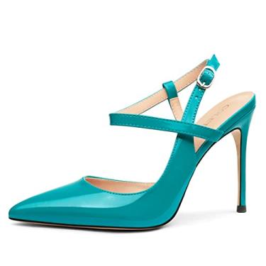 Imagem de COLETER Sandália feminina com fivela de 10 cm, tira no tornozelo, bico fino, fechada, escritório, casamento, sapatos, Azul-petróleo, 35