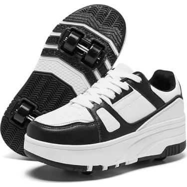 Imagem de Tênis de skate feminino com rodas destacáveis de 4 rodas. Presentes para ocasiões como Natal e festas de aniversário, Branco/preto, 38