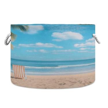 Imagem de JUZIHAI Cesta de armazenamento dobrável à beira-mar para bebê, cesto de roupa suja para bebê, cobertor com alças de corda de algodão, caixa organizadora de armário dobrável para quarto, berçário, casa