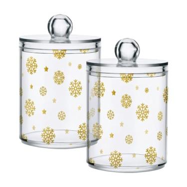 Imagem de Qilmy Suporte Qtip de flocos de neve dourados de Natal, pacote com 2, frascos de boticário de 400 ml, vasilha organizadora de banheiro para cotonetes, bolas de algodão, almofadas de maquiagem, fio