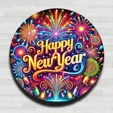 Imagem de Feliz Ano Novo Celebração Fogos de artifício Vintage Alumínio Rústico Metal Placa de Parede Redonda, 20 cm Presentes e Decoração para Casa, Escritório, Café e Quintal