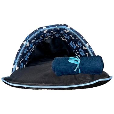 Imagem de Cama Iglu 2 em 1 com Saco de Dormir e Mantinha Pet, Impermeável, Paw Print, 70x45x32cm, Kit 2 Peças para Cães e Gatos de Porte Pequeno e Médio (Azul Marinho)