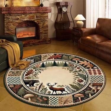 Imagem de Qmkmyy Tapetes redondos com estampa de ursos e cervos de 0,9 m, bosque, cogumelo, animais, plantas, tapete rústico, cicular, para quarto de crianças, sala de jogos
