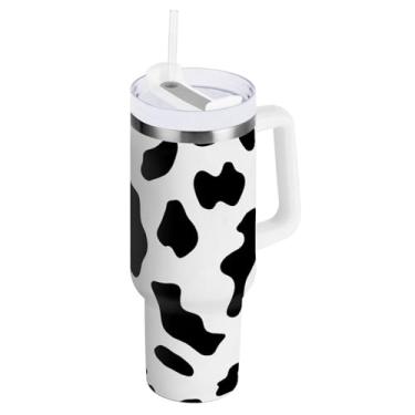 Imagem de ODAWA Copo de viagem isolado grande com alça e tampa de palha, copo à prova de vazamento com estampa de vaca preto e branco