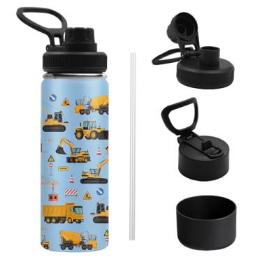 Imagem de TNASURHUS Garrafa de água de veículo de engenharia para homens e mulheres, copo isolado de aço inoxidável com 2 tampas e alça, bota de silicone antiderrapante, garrafa reutilizável à prova de