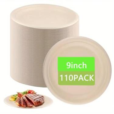 Imagem de yvsay 110 peças de pratos de bambu, placas de papel compostáveis bronzeado natural de 22 cm para casamento, festa e catering, pratos de jantar descartáveis elegantes e resistentes
