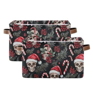 Imagem de Cestas de armazenamento grandes para prateleiras – Organizador de armário retangular de lona com alças de couro PU para armário, crânio engraçado de Natal, vermelho, preto, pacote com 2