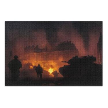 Imagem de Quebra-cabeça de cena de guerra com tanque e chamas 1000 peças, quebra-cabeças rígidos para adultos, jogos para noite de jogos em família