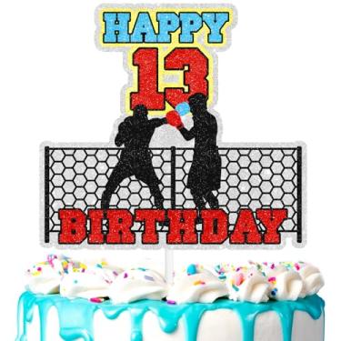 Imagem de Topper de bolo de boxe adolescente 14º tema de boxe decoração de luta feliz aniversário, festa de esportes fitness, festa de aniversário de meninos e meninas, luta livre boxe fósforo suprimentos de