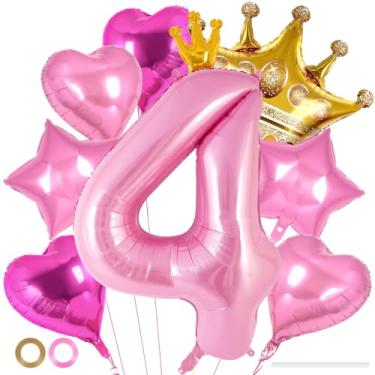 Imagem de Balões de aniversário de princesa, conjunto de balões rosa com coroa número 4 de 101 cm, coroa de estrela de coração, balões de alumínio para meninas, decoração de festa de 4º aniversário, suprimentos
