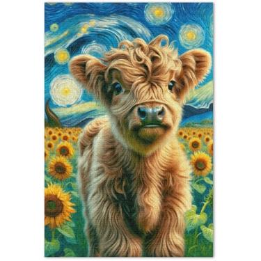 Imagem de Quebra-cabeça de vaca Highland com girassol de noite estrelada para adultos, 1000 peças, flor, pintura animal, quebra-cabeças coloridos, presentes para amantes de quebra-cabeças, 75 x 40 cm