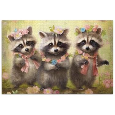 Imagem de Quebra-cabeça com flores de guaxinins fofos para adultos, 500 peças, presentes para amantes de quebra-cabeças, brinquedos de família, arte