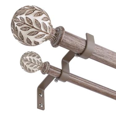 Imagem de Wolistsa Varões de cortina duplos de madeira envelhecida para janelas de 91 a 36 cm (3 a 12 pés), mastro decorativo de cortina resistente de 2,5 cm com acabamentos de imitação de grão de madeira