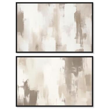 Imagem de Conjunto de 2 arte de parede para sala de estar abstratos de sala de estar de luxo neutro por Art Remedy, moldura preta, 76 x 50 cm