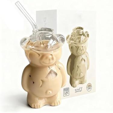 Imagem de Copo de palha de urso, copo de vidro de urso com canudo 340 g, canecas fofas, café, cervejas de vinho, coquetéis, copo de presente. (1 peça)