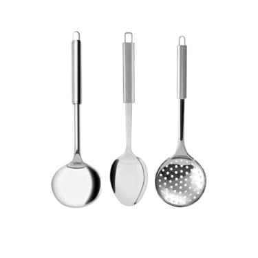 Imagem de Kit Utensílios para Cozinha Inox Escumadeira Concha Colher de Arroz Pegador Massa Garfo Trinchante (3 Peças)