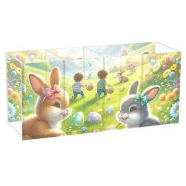 Imagem de TSENQUE Porta-canetas coloridas de coelho da Páscoa, floral, acrílico, fofo, para mesa, lápis, pincel de maquiagem, suporte de arte, estética, decoração de escritório