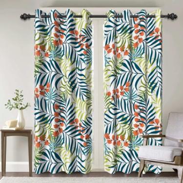 Imagem de Cortinas blecaute coloridas para quarto, cortinas de janela Boho com estampa de folhas, 203 cm de comprimento, conjunto de 2 painéis, cortinas de janela com isolamento térmico com redução de ruído