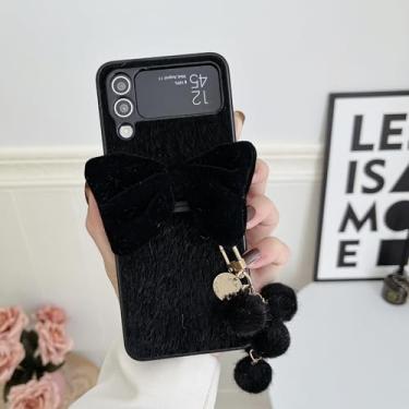 Imagem de Capa de celular de pelúcia com pingente de bola peluda e laço 3D para Samsung Galaxy Z Flip 6 5 4 3 5g Flip6 (Para Samsung Z Flip6/Preto)