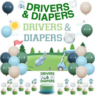 Imagem de Cheereveal Decorações de chá de bebê de golfe, motoristas e fraldas Banner Toppers de bolo, fraldas de golfe, palhetas de cupcake de fraldas de golfe, tema de motorista esportivo revelar gênero