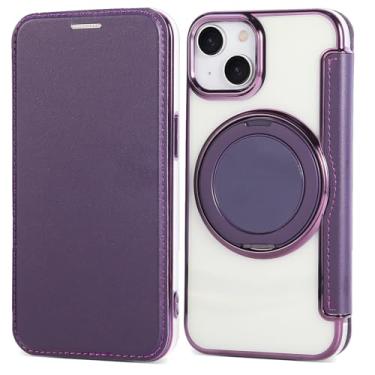 Imagem de Capa carteira para iPhone 14 com 3 compartimentos para cartão, bloqueio RFID, suporte de anel giratório de 360° e compatibilidade magnética, capa traseira transparente à prova de choque, suporta