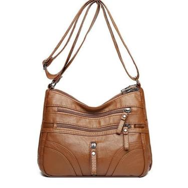 Imagem de Bolsa de ombro feminina de couro PU com vários zíper marrom 26x9x17cm 