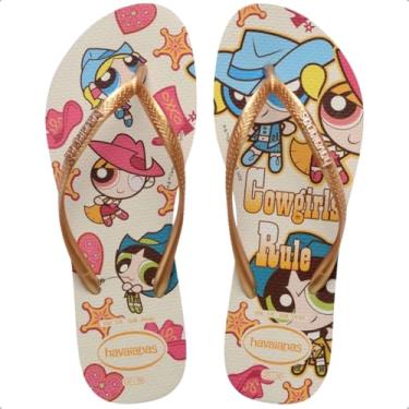 Imagem de Havaianas Chinelo Feminino, Estampa Animada, Branco e Rosa, Tiras Douradas, Sola de Borracha (Bege, BR, Adulto, Faixa Numérico, M, 41, 42)