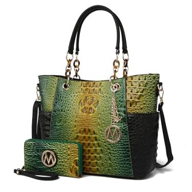 Imagem de MKF Collection Bolsa feminina com alça superior para carteira - bolsa de couro vegano, Verde crocodilo arco-íris, Large