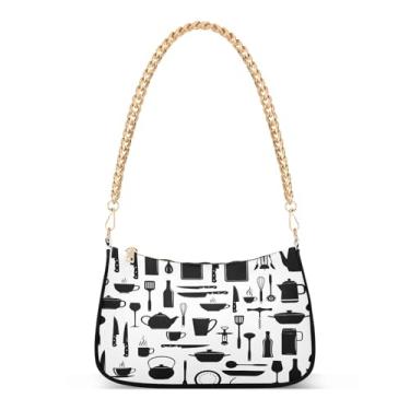 Imagem de Bolsa de ombro de corrente preta branca da Kitchen Tools, bolsa feminina Hobo, bolsa média moderna para uso diário ou noite