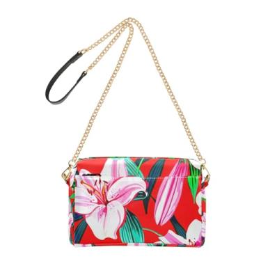 Imagem de Joitme Bolsa feminina transversal para celular linda bolsa de ombro de couro PU alça de corrente branca rosa flores lírio vermelho