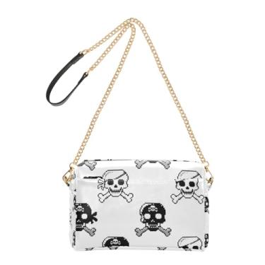Imagem de Bolsa feminina transversal de osso pirata caveira preta branca para celular bolsa de couro PU bolsa de ombro com alça de corrente