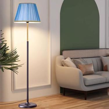 Imagem de Luminária de chão com cúpula de tecido azul, luminária de chão minimalista preta/dourada, luminária vertical de metal polido, luminária de leitura alta para sala de estar e quarto, luminária