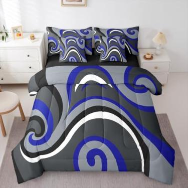 Imagem de Conjunto de cama de 7 peças em espiral azul marinho, moderno, abstrato, geométrico, com lençóis, preto, branco, cinza, redemoinhos, listras, arte estética contemporânea, para adultos, homens e