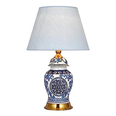 Imagem de Abajur de mesa moderno e luxuoso em cerâmica azul, com cúpula de tecido, ideal para cabeceira, sala de estar, sala de jantar e quarto.