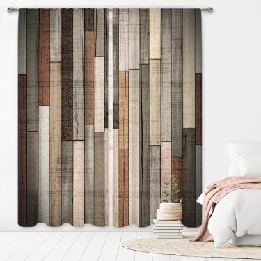 Imagem de MESHELLY Cortinas retrô para porta de celeiro 132 x 213 cm de altura com bolso para varão vintage fazenda campo marrom cinza tábua de madeira ocidental cortinas de janela de quarto impresso cabine