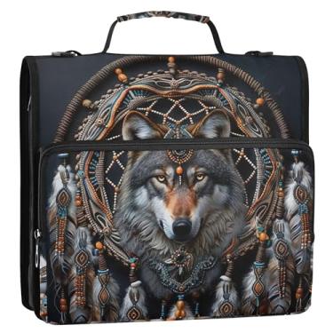 Imagem de Organizador de fichário com zíper, lobo apanhador de sonhos, 3 anéis, 3 anéis, anel D, rosa, bolsa com alça para escola, vários bolsos, pasta grande para portfólio