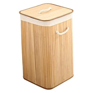 Imagem de Pssopp Cesto de Roupa Suja Dobrável, Material de Bambu, Cesto Alto Independente Com Alças e Tampa, Ideal para Roupas e Brinquedos Em Dormitórios e Lavanderia Familiar (1.7 Quadrado de Cor Original)