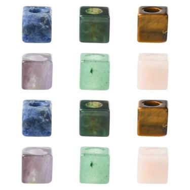 Imagem de Ipotkitt 12 peças, 6 estilos, cubo de pedras preciosas naturais de 10 mm, contas europeias quadradas com orifício grande para joias, pulseira, colar, brincos, fazer artesanato DIY