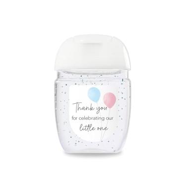 Imagem de Pacote com 30 etiquetas de favor reveladoras de gênero para mini mamadeiras de 28 g – Obrigado por celebrar nossos adesivos pequenos, balões rosa e azul à prova d'água de alto brilho revelam