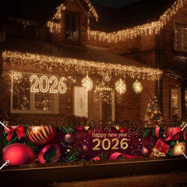 Imagem de HOMETITUTE Feliz Ano Novo 2026 Banner 118x20 polegadas balões de ouro vermelho presentes pano de fundo decorações de ano novo ao ar livre para cerca de parede alpendre artigos de festa celebração