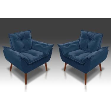 Imagem de Kit 02 Poltrona Opala Com Fibra Siliconada Suede Azul Marinho - CASA D
