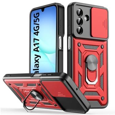 Imagem de Capa para celular Samsung Galaxy A17, com capa deslizante para câmera, suporte de anel de dedo giratório, à prova de choque, capa protetora resistente a arranhões - vermelha