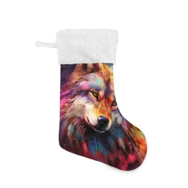 Imagem de ATTX Meias coloridas de Natal de lobo, suportes de presente brancos de pelúcia para decorações de festas de fim de ano (17,7 polegadas, pacote com 2) #491