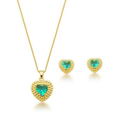 Imagem de Conjunto Colar e Brincos Coração Verde Claro Banhado a Ouro 18k - Atra