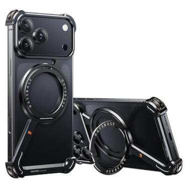 Imagem de Genérico Capa de metal para iPhone 17/17 Air/17 Pro/17 Pro MAX, com suporte de anel de rotação, capa à prova de impactos, capa magnética fina sem moldura para telemóvel (Black, 17)